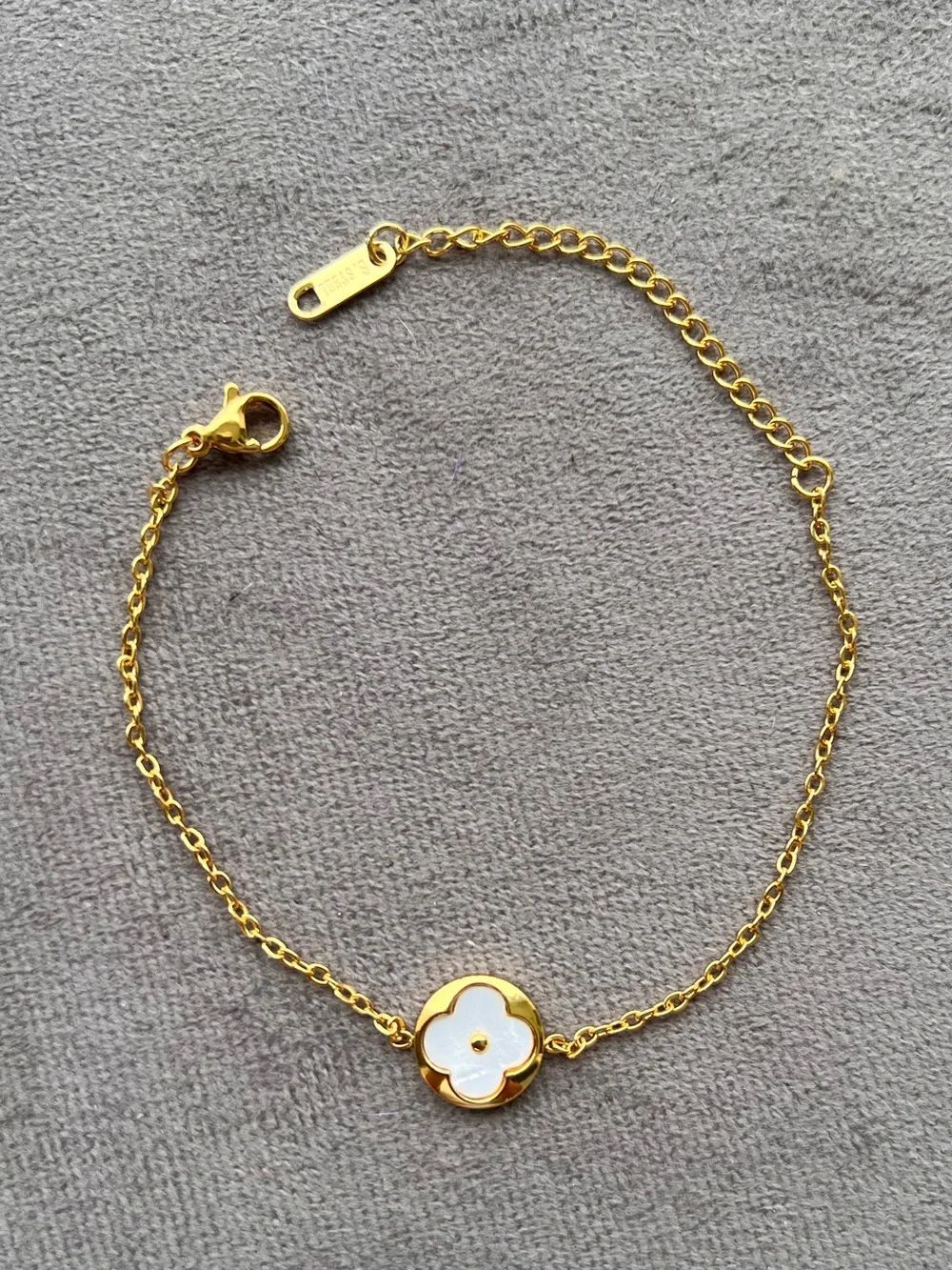 Gold Stainless Steel  Mother of Pearl Flower Clover Charm Chain Bracelet